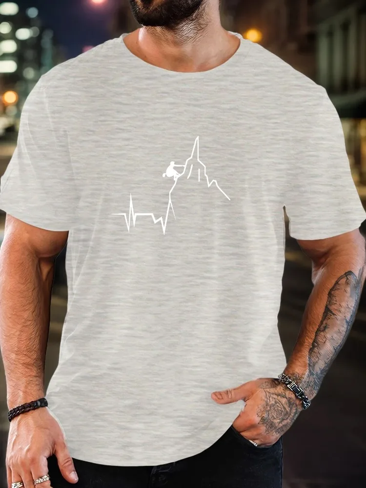 Men Light Heather Gray Crew Neck Tee Rock Climber Mountain Peak Heartbeat Pulse White Line Graphic Soft Short Sleeve Mountaineer