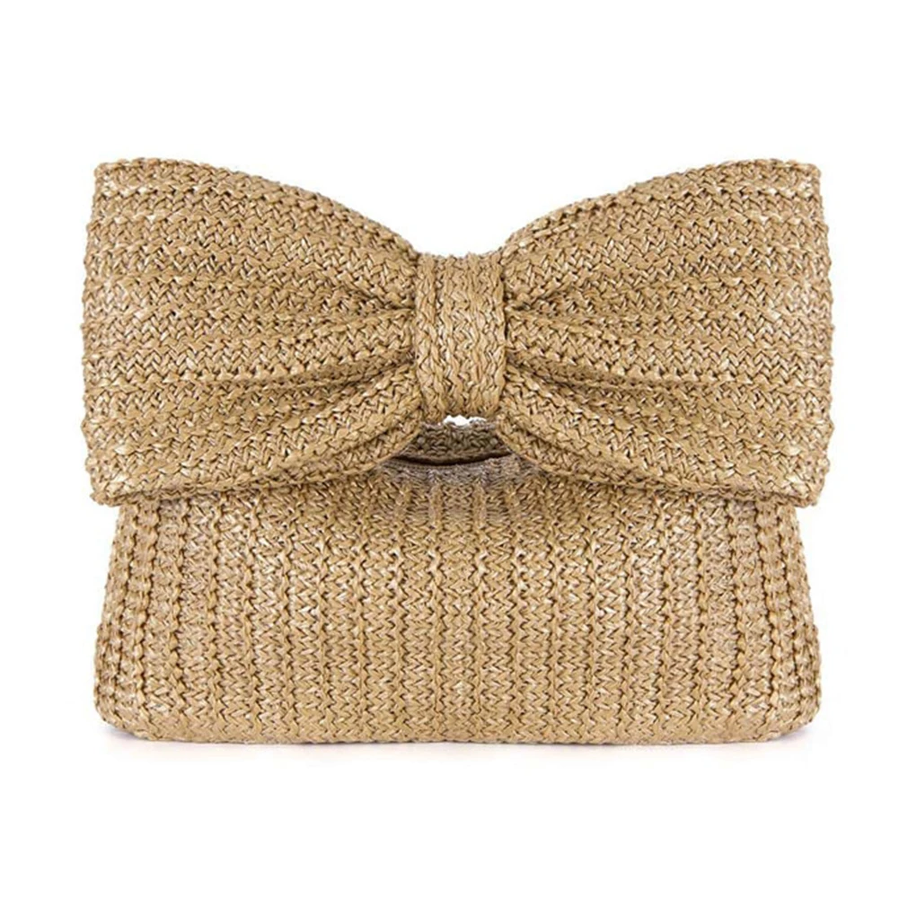 

Women Straw Woven Handbag Zipper Closure with Bow Crochet Beach Handbag Versatile Female Party Wedding Bag