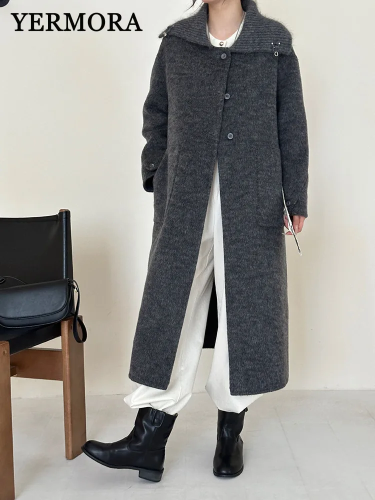 

YERMORA Gray Spliced Knitting Lapel Casual Woolen Coat For Women Long Sleeve Loose New Overcoat Fashion Tide Autumn Winter 2025