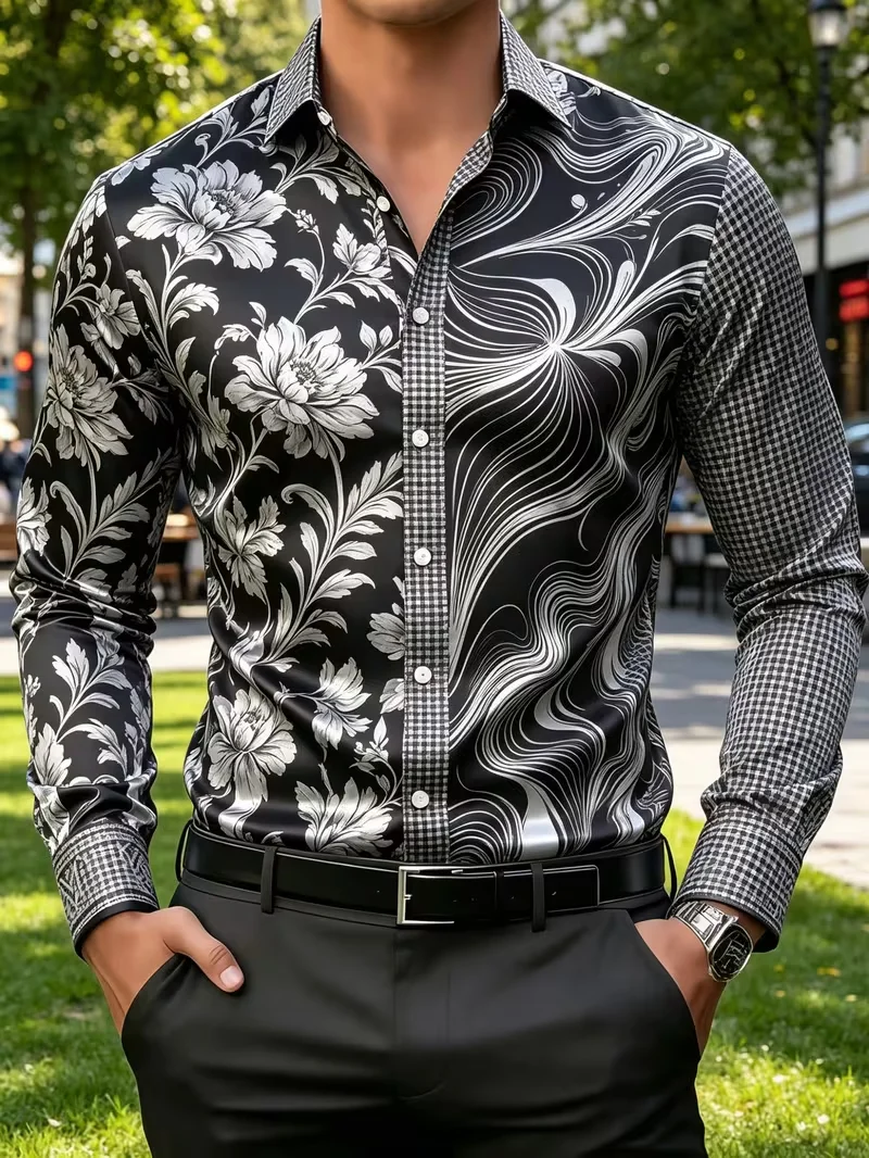 New Fresh Casual Shirt with Royal Blue Mirror Satin and Golden Triangle Chinese Pattern Geometric Art for Men