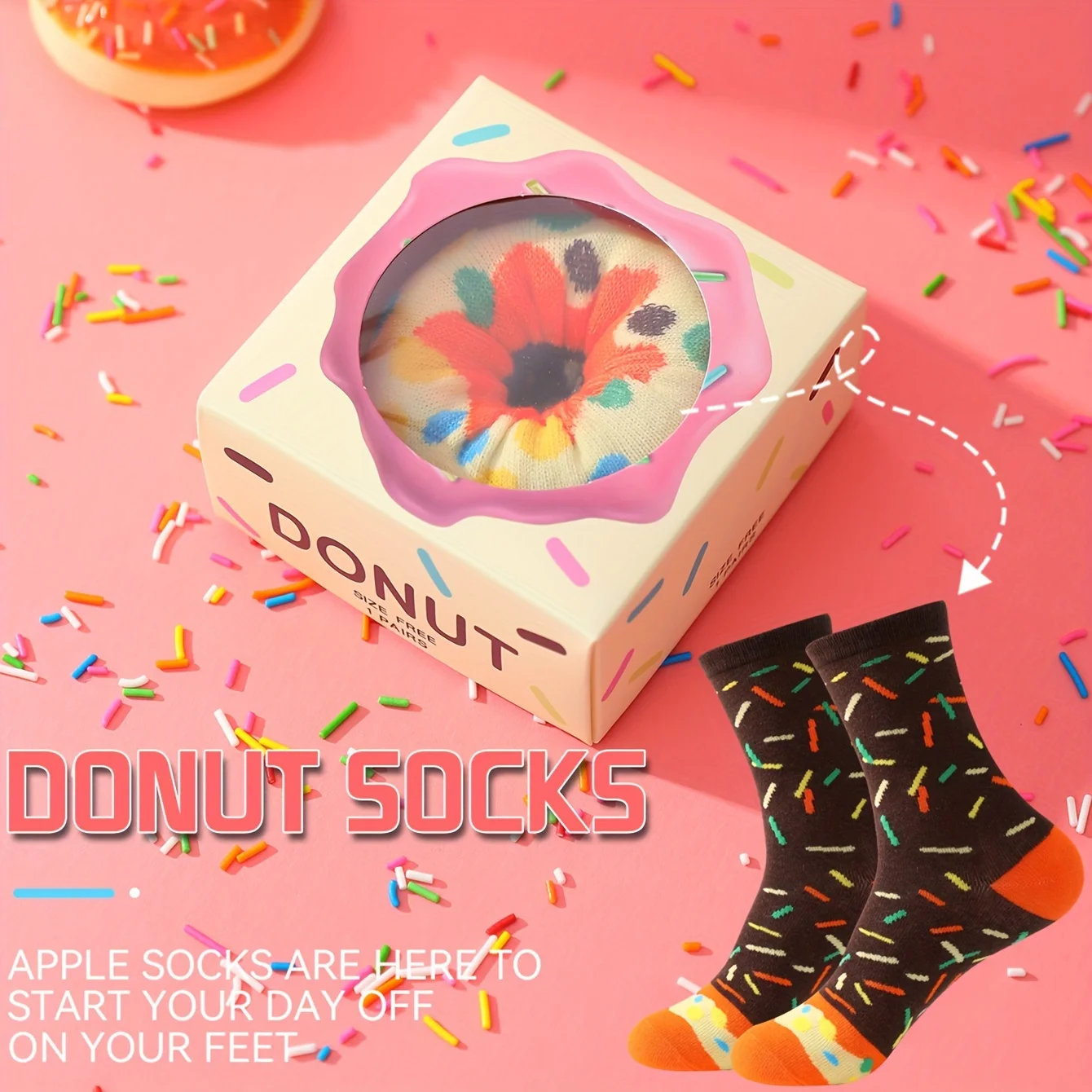 A pair of novelty, interesting donut pattern fashion casual socks suitable for Christmas Valentine\'s Day gifts on Halloween