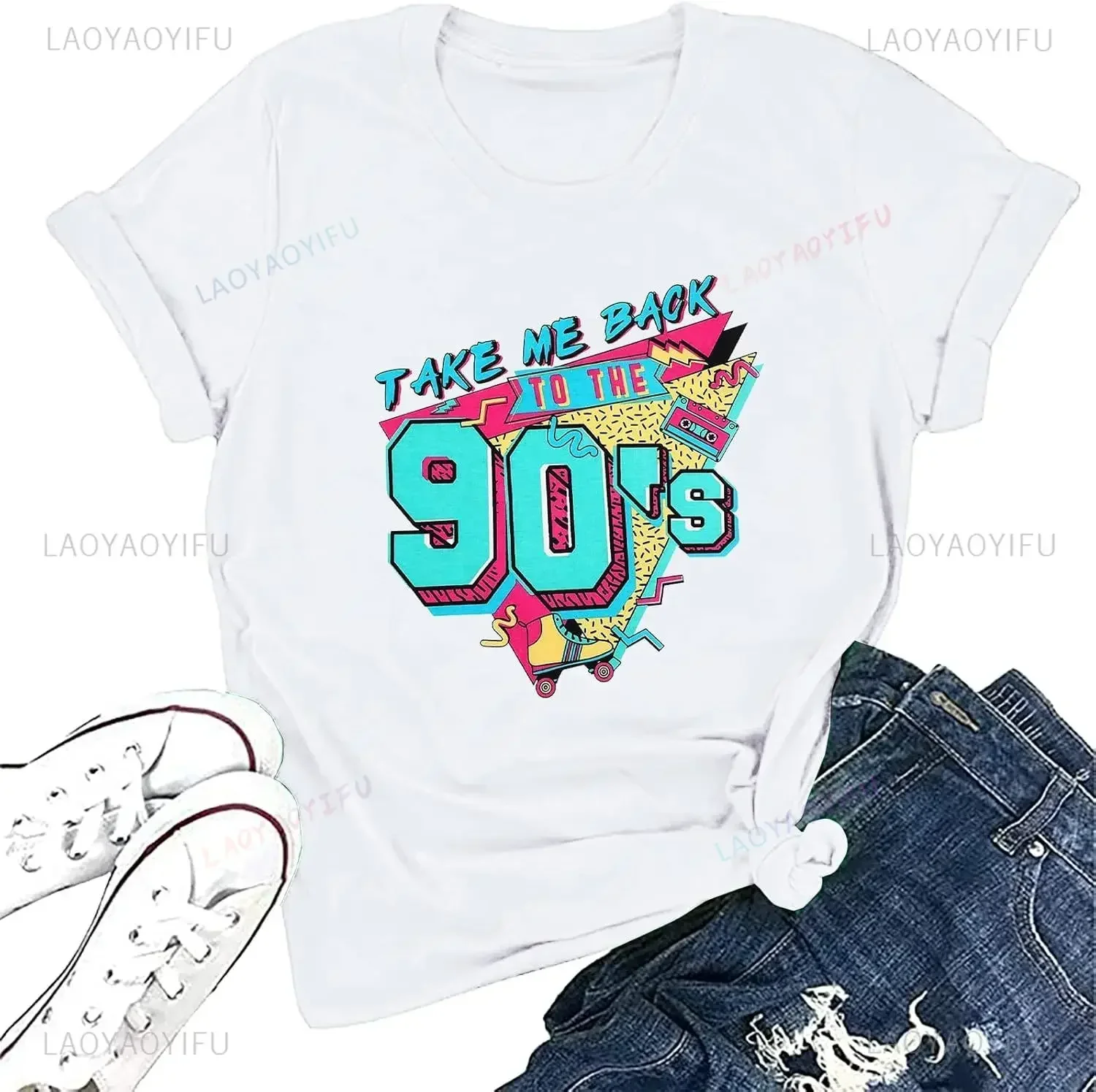 90s Outfit for Women Take Me Back To The 90's Shirt Vintage Neon Crew Neck Tops Tee for Birthday Party Gift Women Clothing