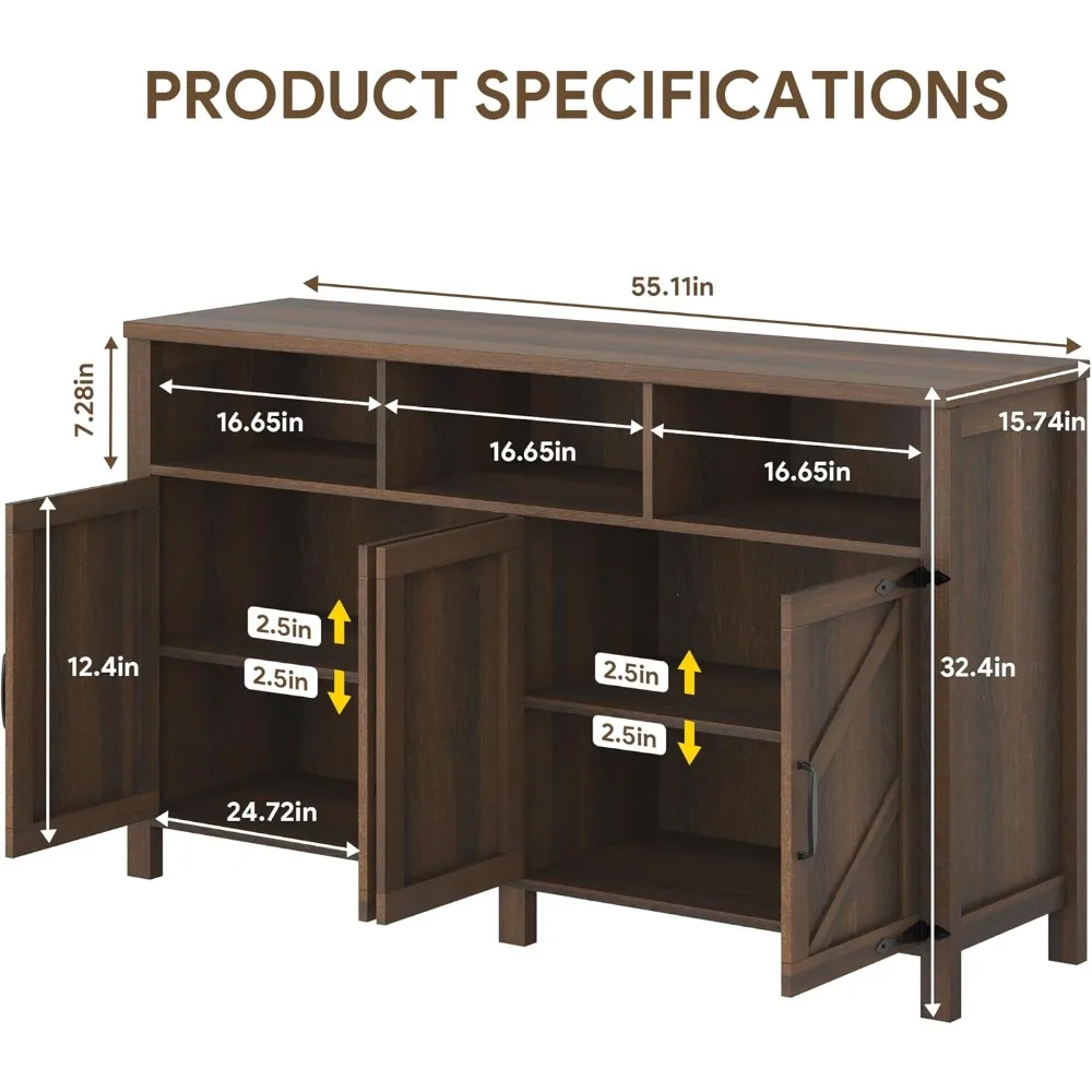 Large Farmhouse Style Buffet Sideboard with 4 Doors and Ample Storage for Kitchen and Coffee Bar