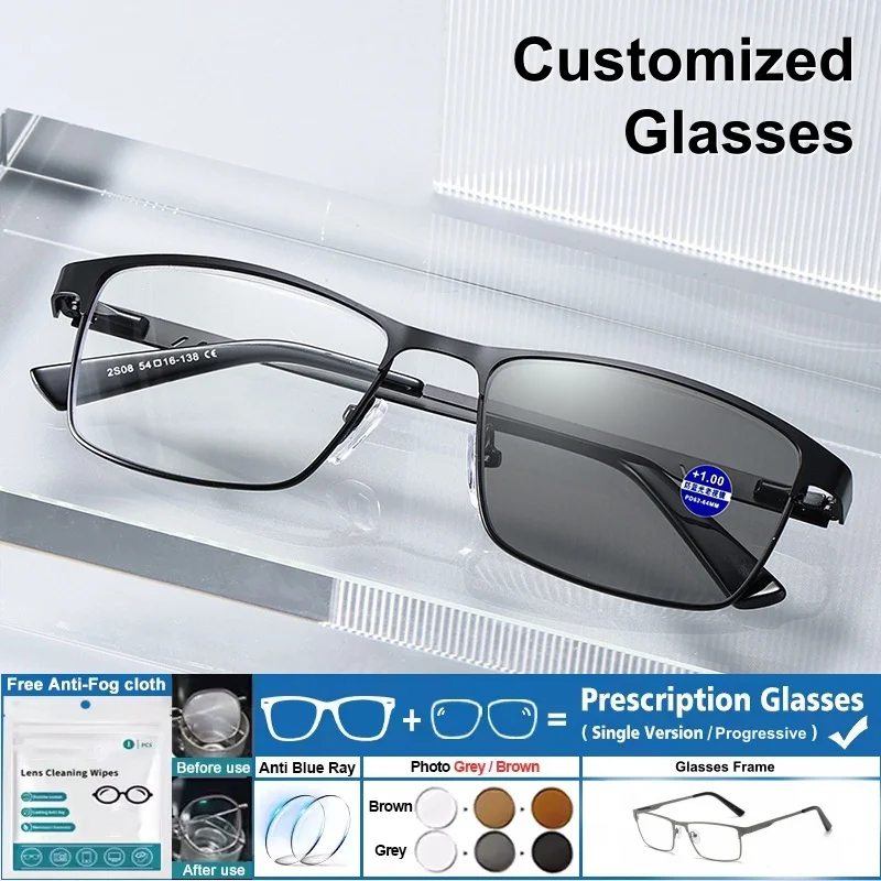 

Classic Men's Business Square Metal Frame Customized Reading Glasses Fashionable Neutral Anti Blue Light Prescription Glasses
