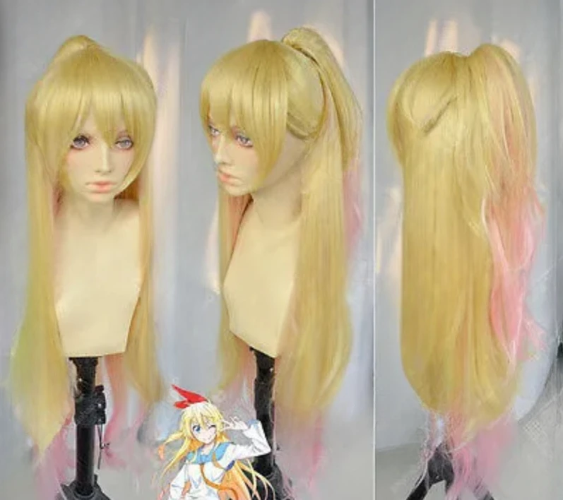 Long Pink Ombre Ponytail Wig, Nisekoi Chitoge, 80cm, Loiro, Frete Grátis