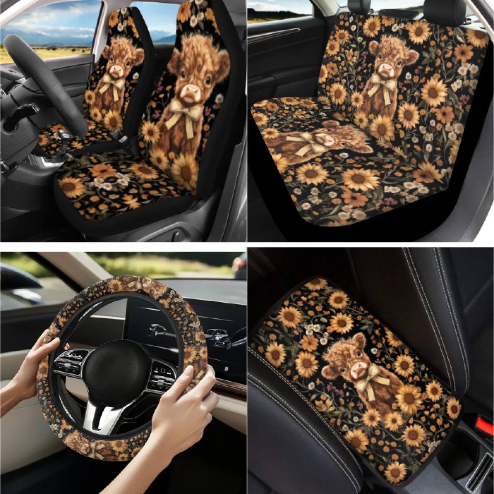 Coloranimal Highland Cow 13 PCS Car Seat Cover Set with Scratch-Resistant Lip Balm Pouch and Coasters for SUV