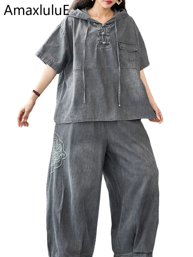 

Amax LuluE 2026 Womens Leisure Hooded Denim Two Pieces Sets Summer Loose Tops Patchwork T-shirts Classic Jeans Chinese Outfits