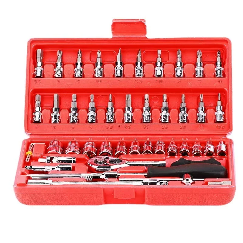 Hi you: 46 piece car repair tool kit: ratchet torque wrench, wrench, screwdriver, socket set combination - perfect for bicycle a image 4