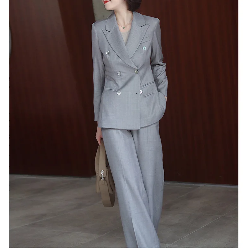 Women's Spring And Autumn Wool Suit Two Pieces Set Light Gray Professional Commuter Wide Leg Pants Domineering And Capable Suit