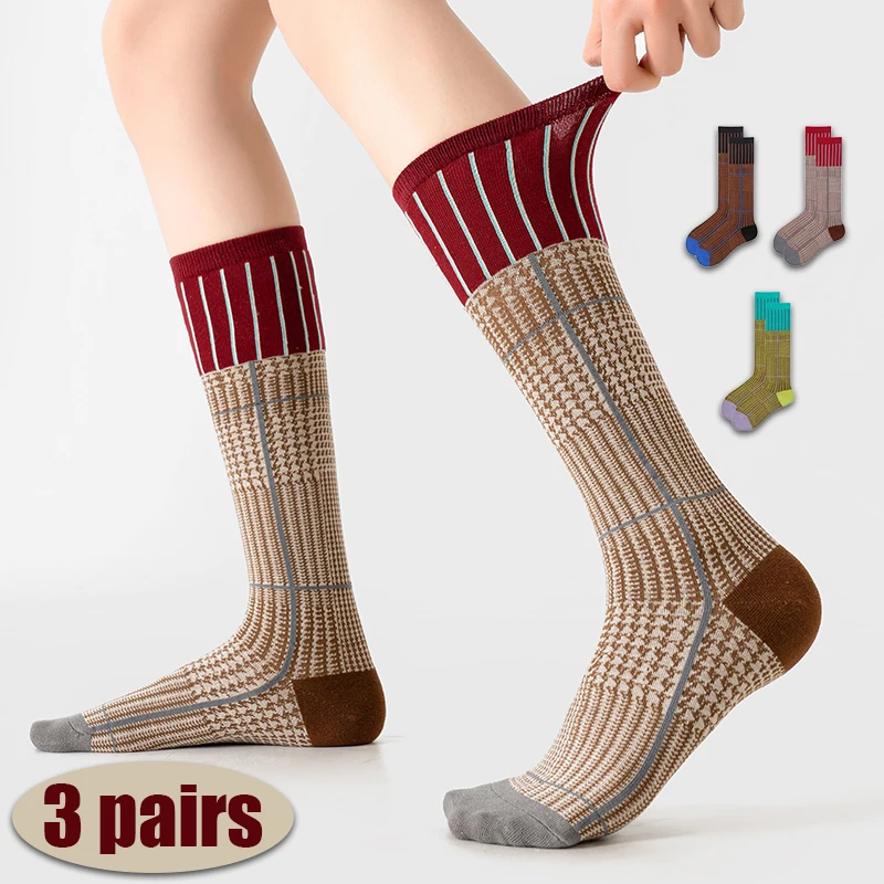 3 pares de calcetines hasta la rodilla de estilo americano vintage, calcetines de alta calidad, cómodos y transpirables para mujer, calcetines de tartán con bloques de color, suaves