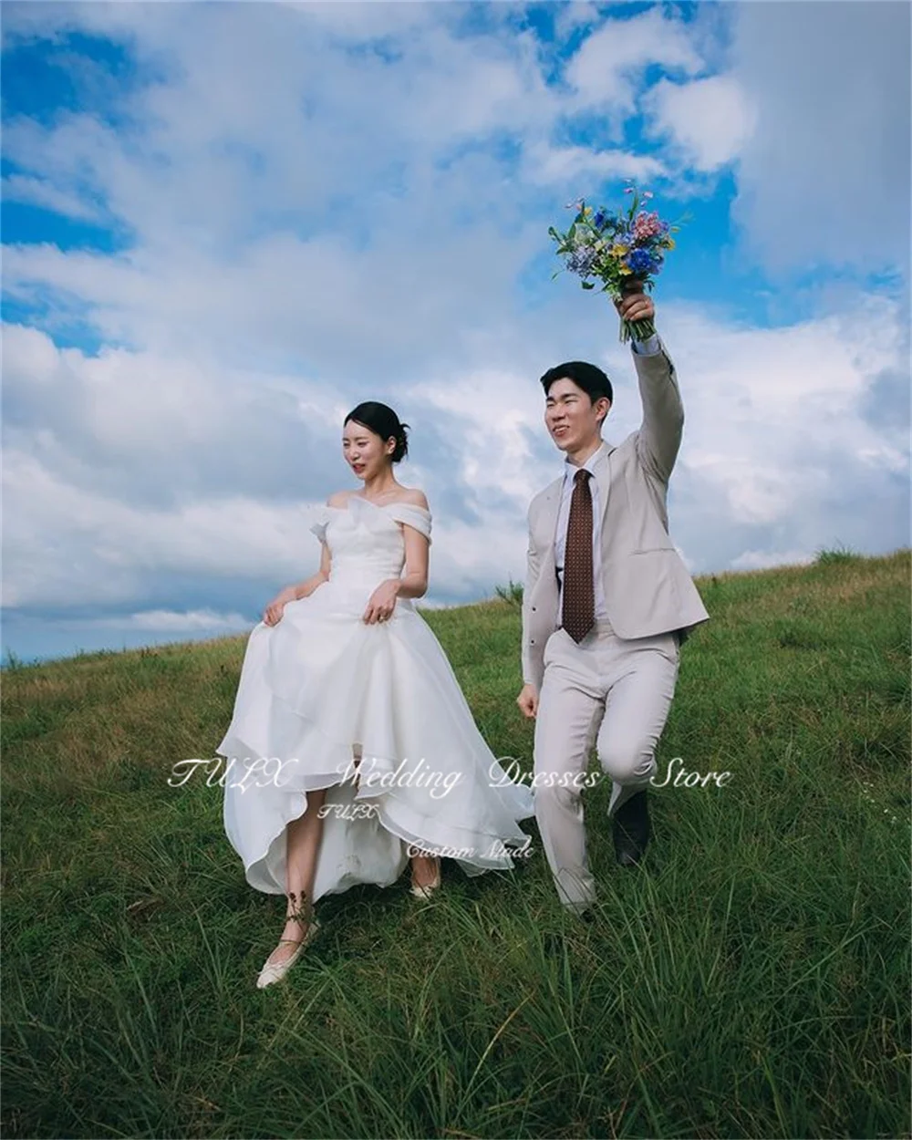 Tulx A Lijn Van De Schouder Korset Trouwjurken Korea Foto 'S Schieten Organza Vloerlengte Elegante Bruidsjurken Op Maat Gemaakt