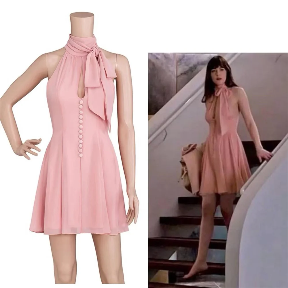 Disfraz de Cosplay de Anastasia Steele, Vestido Rosa Sexy y Elegante con Cuello Halter, Sin Mangas, para Fiestas de Verano