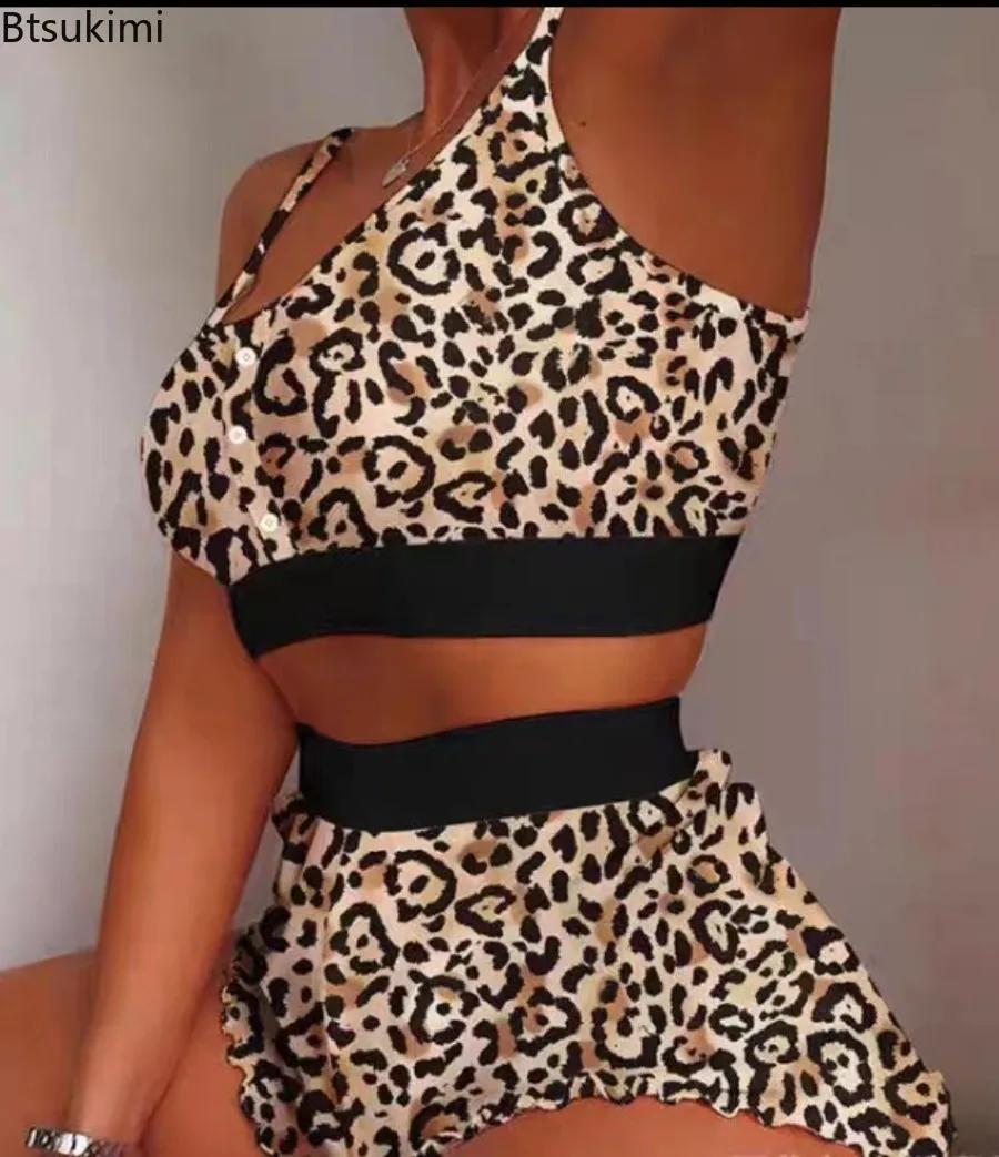 

New Summer Leopard Printed Sexy Pajama Sets Women's Fashion Sweet Sling Crop Tops Cool Thin Section Tight Homewear Two Piece Set