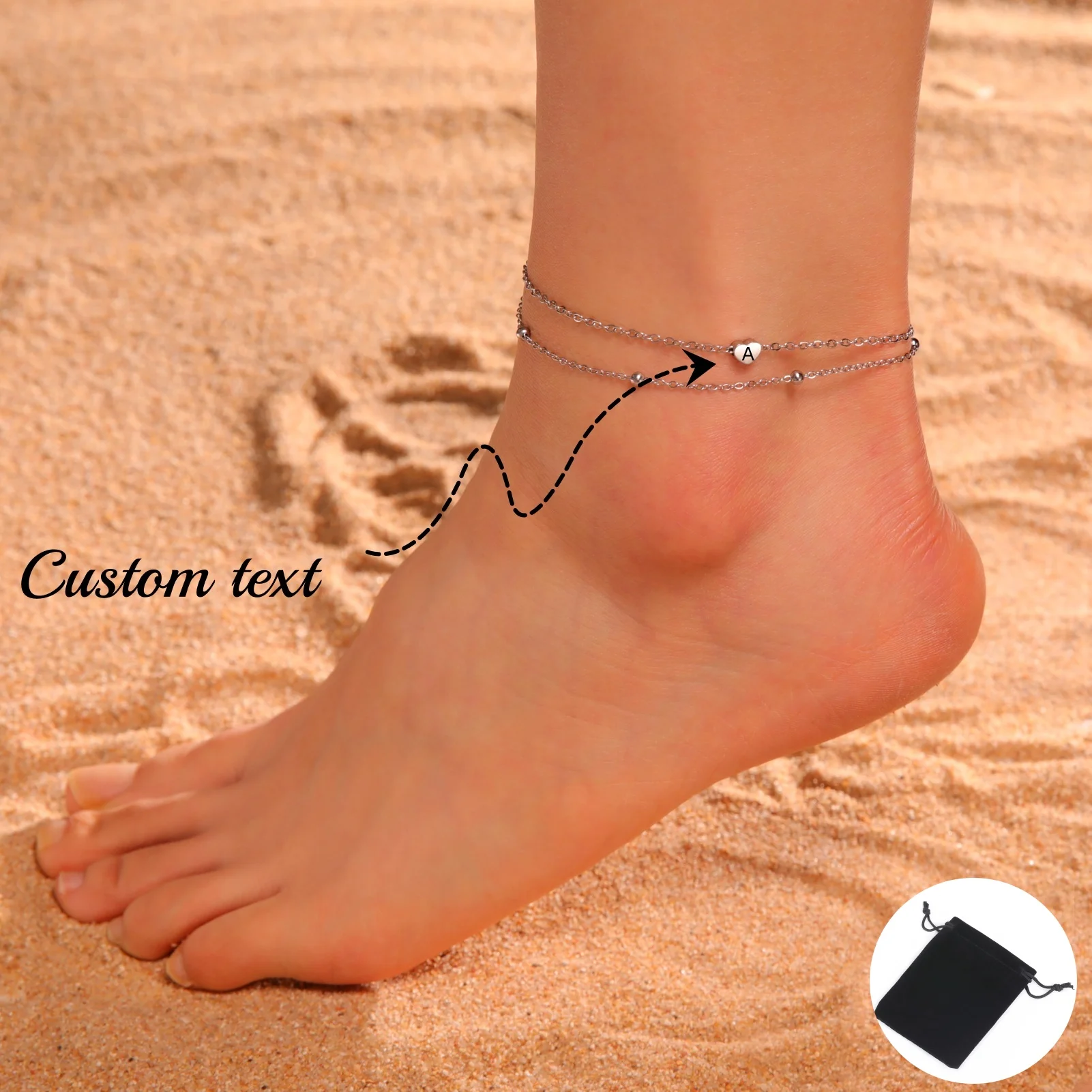 Customized Surname Letter Love Double layer Bead Chain Foot Chain Stainless Steel Letter Love Foot Chain Valentine's Day Gift