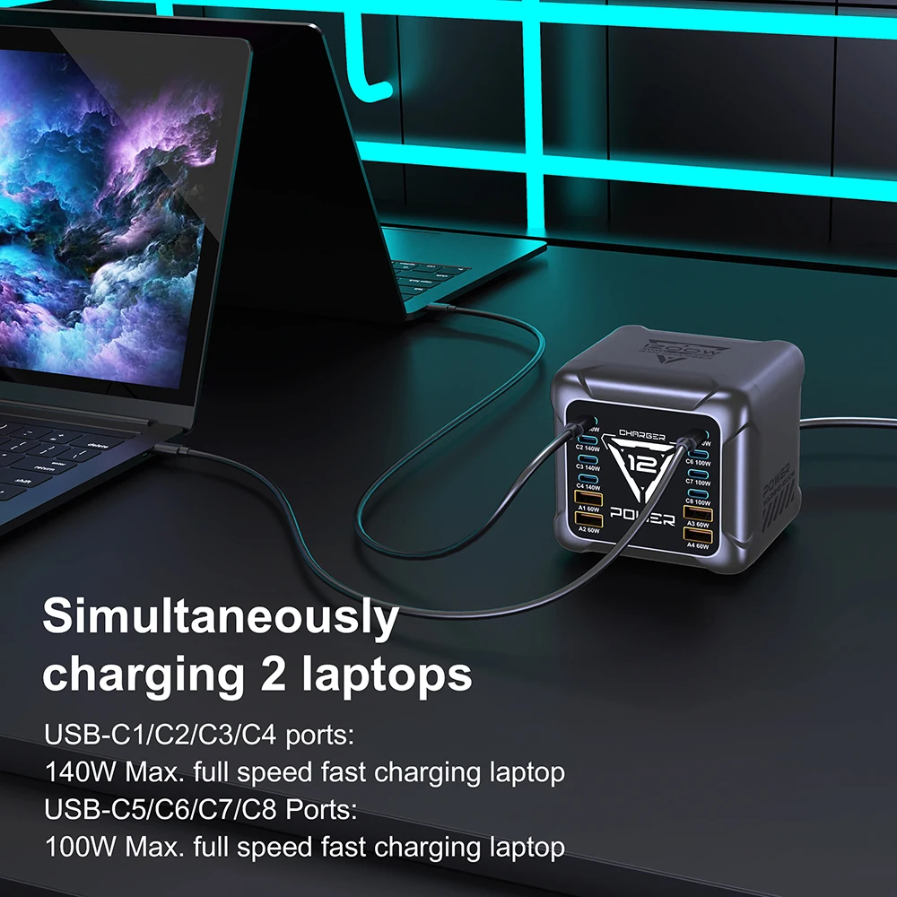 Cargador de Escritorio GaN de 1200W, 12 Puertos (8C+4A) PD3.1, Estación de Carga Rápida para MacBook Pro, Laptop, iPhone 17, 16, 15, iPad, Samsung S25
