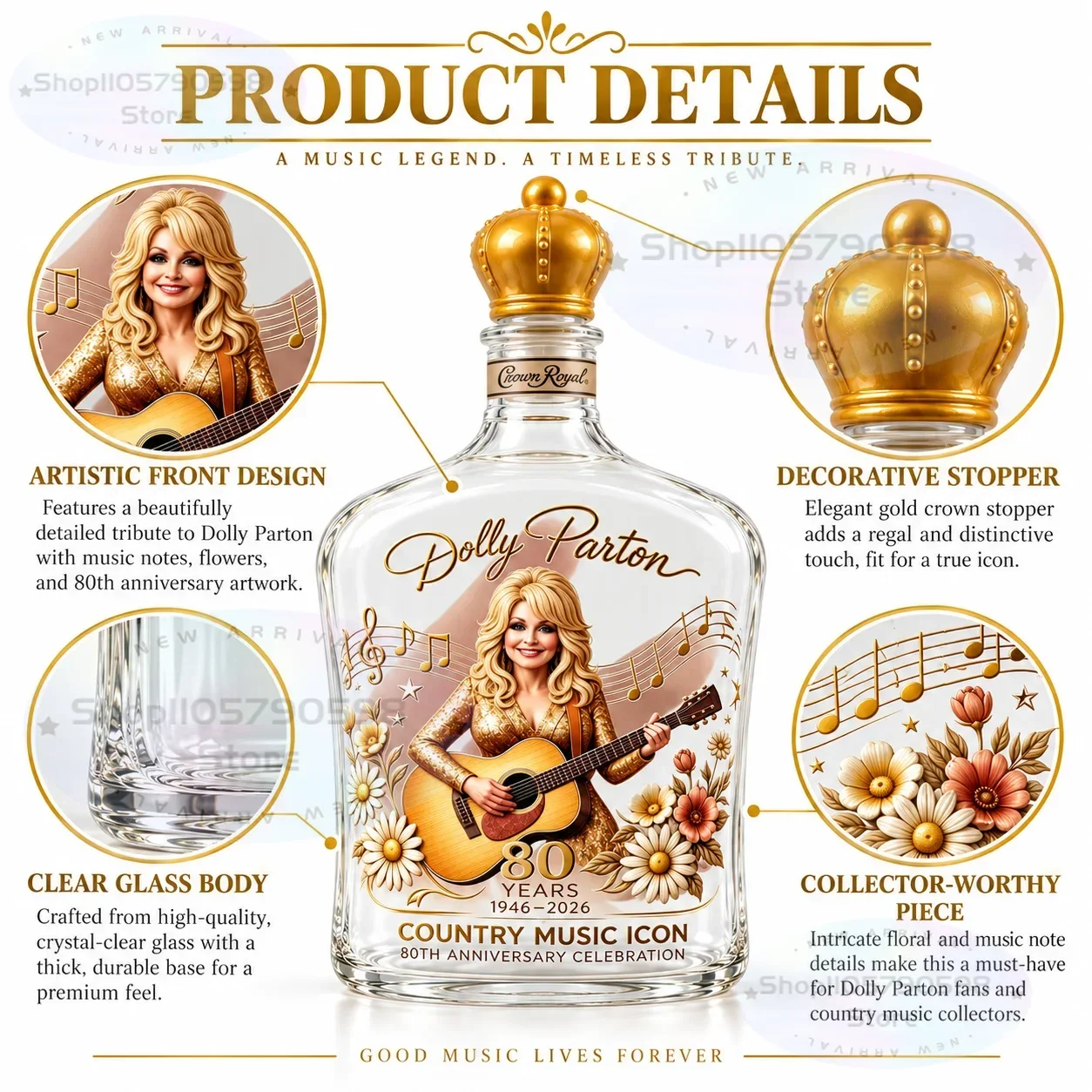 Dolly Parton Fan Collectible Decorative Decanter Bottle, 80th Anniversary Country Music Themed Hand‑Painted Glass Bottle,Ornamen