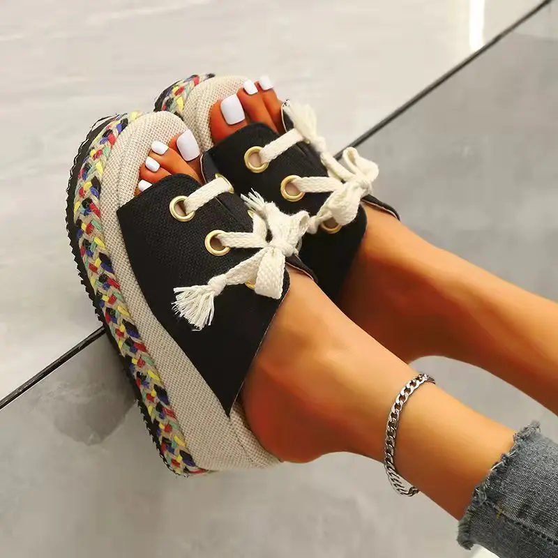 

2025 Knitted Thick Sole Slipper Women Twine Weaving Sandals Ladies Mixed Colors Wedge Casual Canvas Beach Shoes Leisure Summer