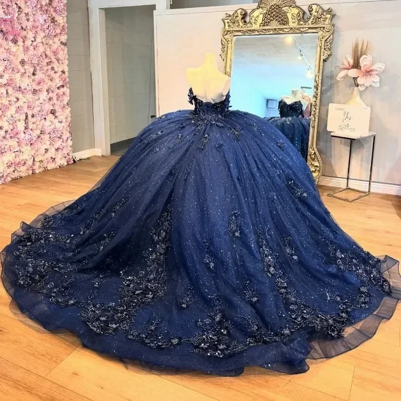 Navy  Blue Quinceanera Dress Party Prom Dresses  Flower Beads Lace Puffy Sleeves Formal Birthday Party Prom Customized Plus Size