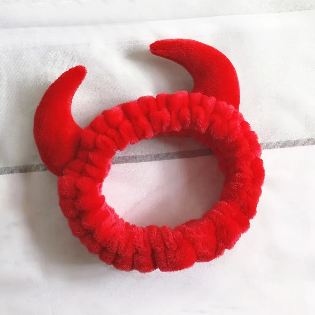 Plush Headband Women Girls Cute Red Horns Soft Elastic Hairband Wash Face Sport Velvet Hair Band Party Bandana Hair Accessories