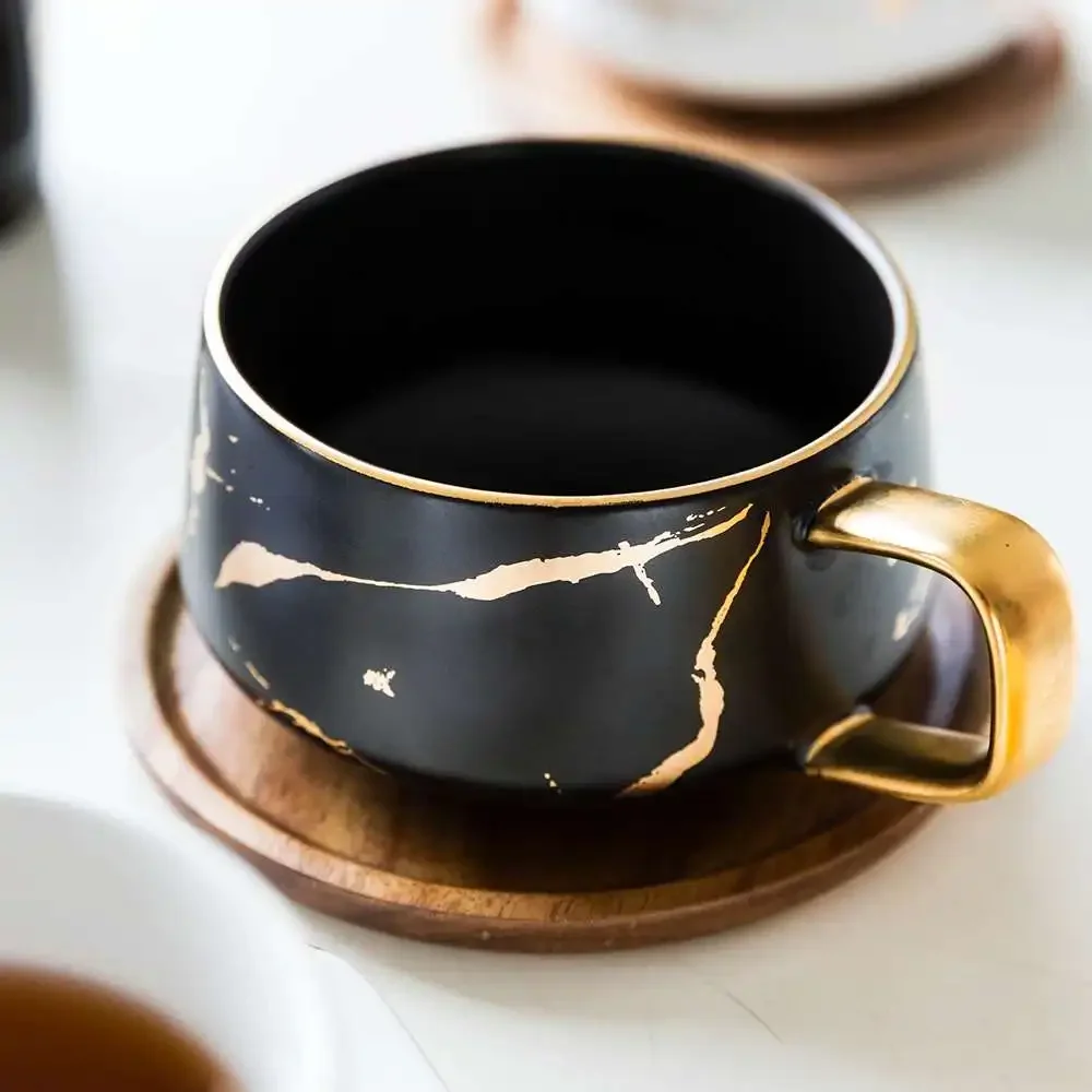 Matte Ceramic Marble Tea Cup, Black and White Gold Inlay Ceramic Cups, with Wood Saucers, Luxury, 300ml