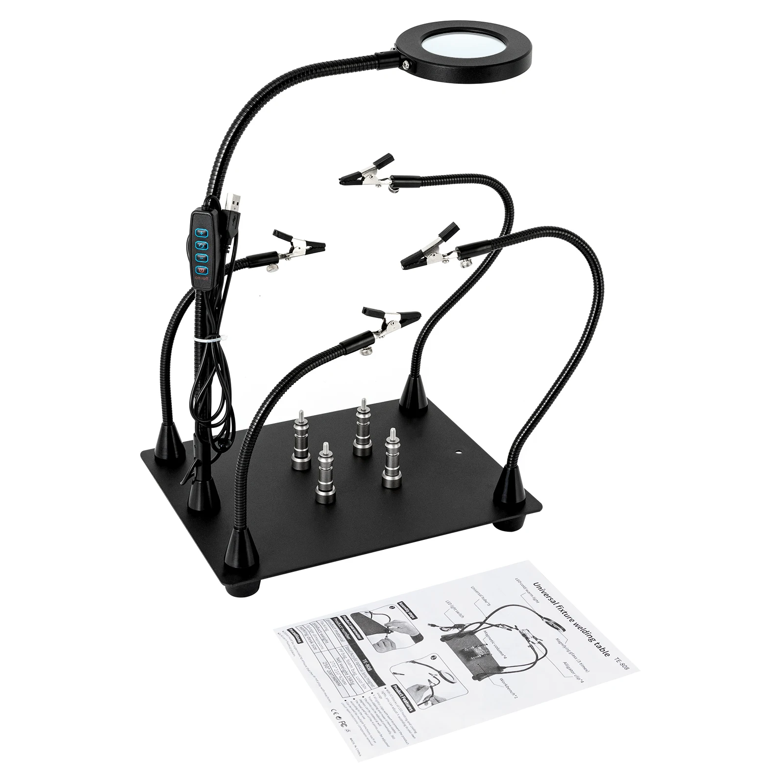 Soldering Station with Lamp with 3X LED Magnifier Lamp, 4 PCB Columns PCB Holder with Flexible Metal Arms Electronic Repair Tool