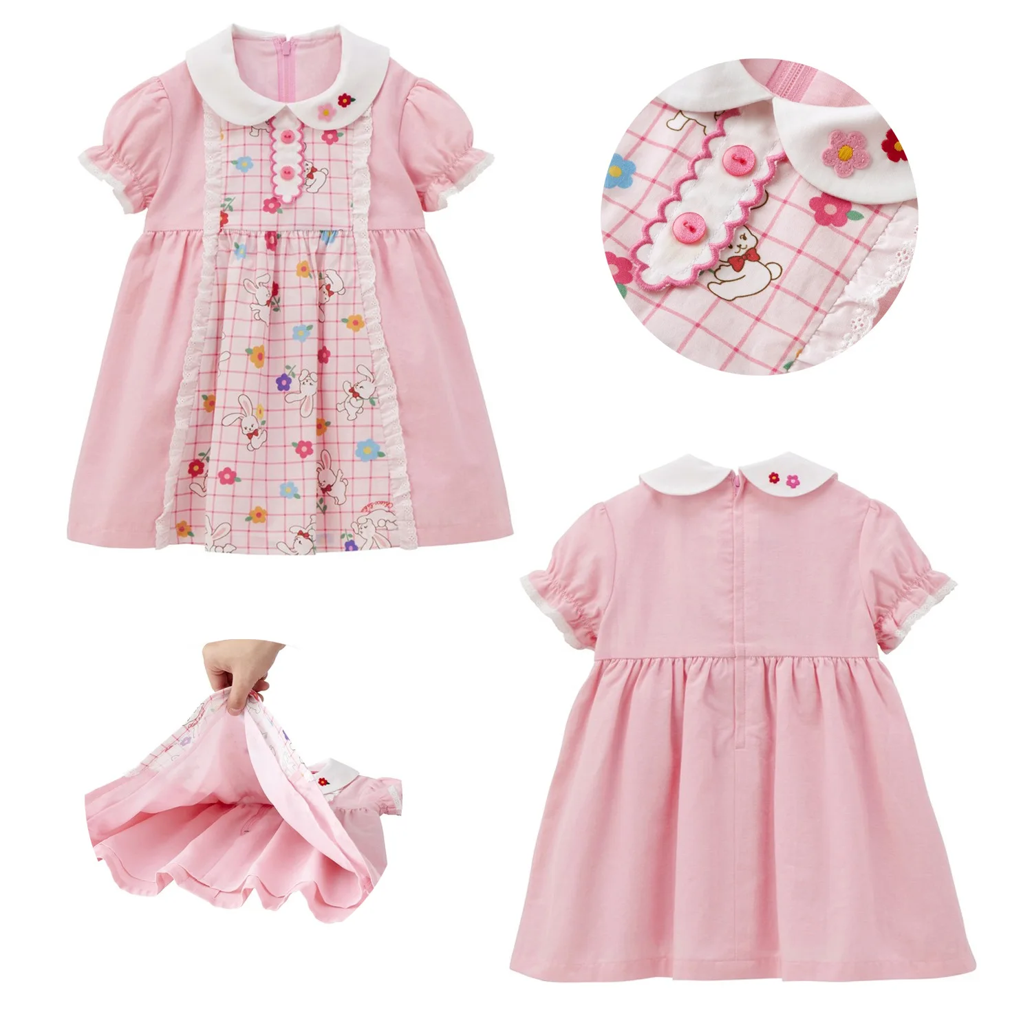 

2025 New Summer Luxury 100 Cotton Comfortable Japanese and Korean Pink Embroidered High Quality Doll Neck Short Sleeve Skirt