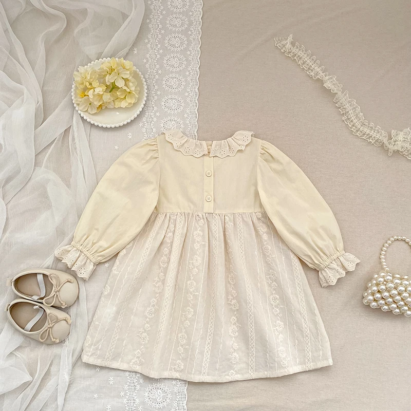2026 Mädchen Langarmkleid mit Rüschen-Spitzenkragen, besticktes Baumwoll-Prinzessinnenkleid für Frühling und Herbst, Kindergeburtstagsparty Vestido – Detail 2