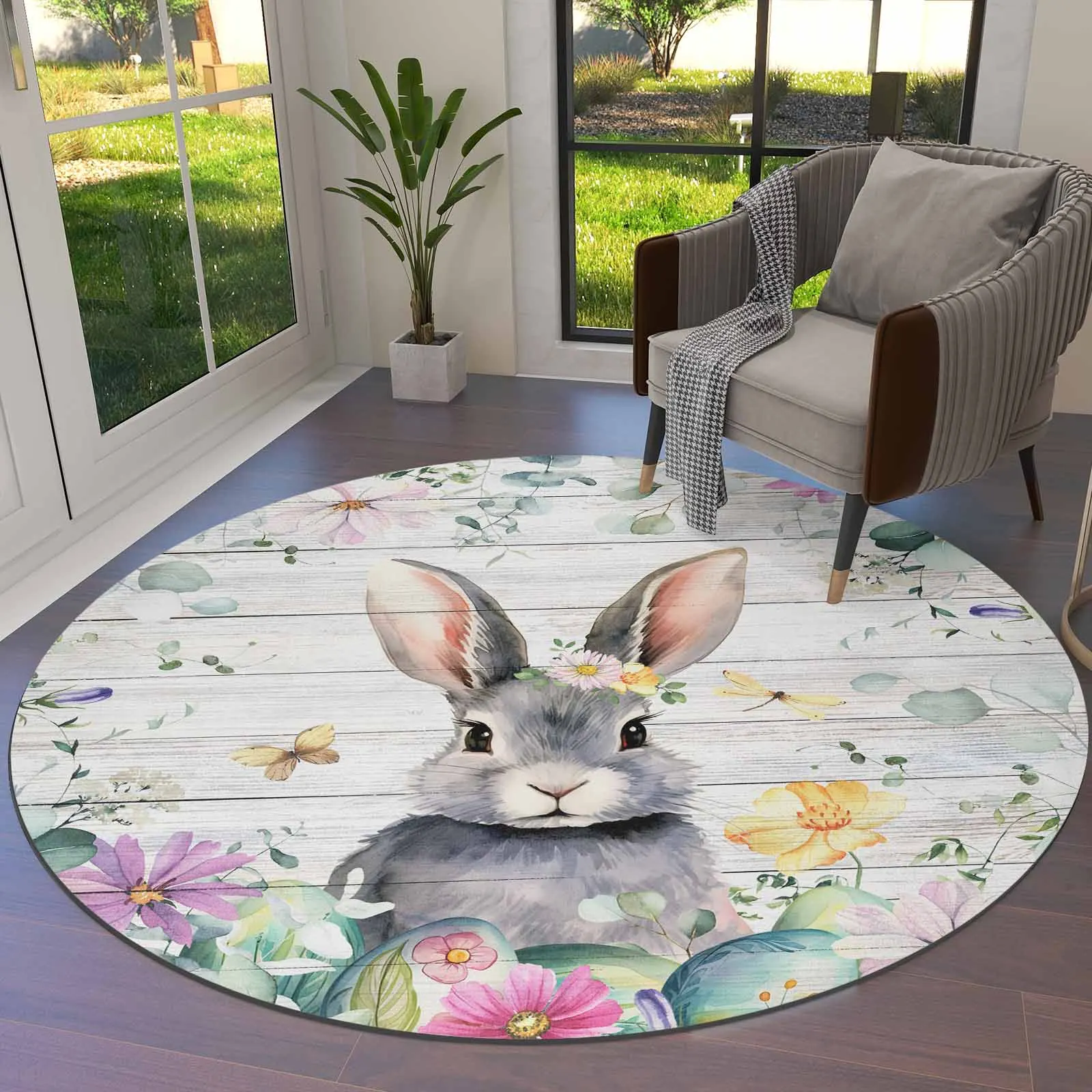 Easter Spring Flower Easter Egg Rabbit Round Area Rug Carpets For Living Room Large Mat Home Bedroom Kid Room Decoration