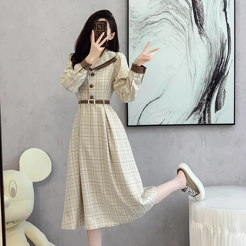 Autumn Women\'s Elegant Peter Pan Collar Women Plaid A Line Dress Ladies Long Sleeve Vintage Casual Dress Vestidos