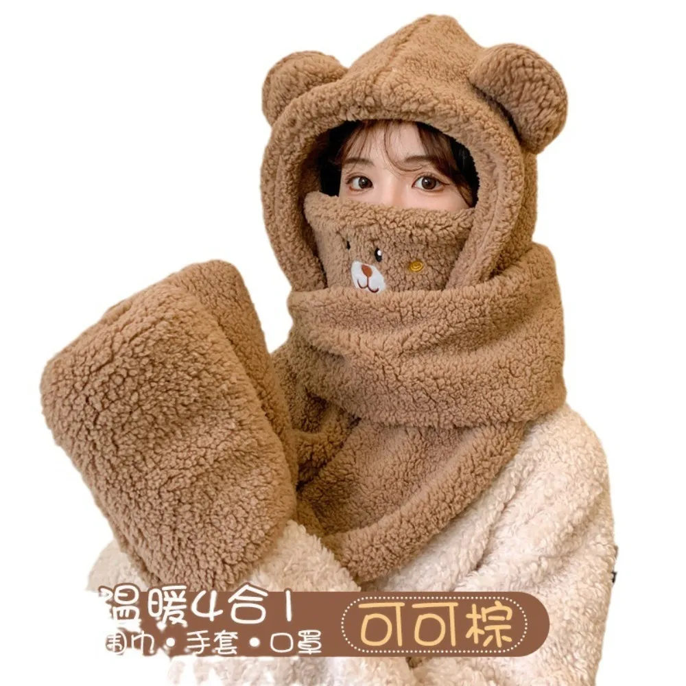 Sweet Plush Bear Ear Beanies Cap Solid Color Warm Scarf Gloves Set Large Head Circumference Thickened Ski Hat Women