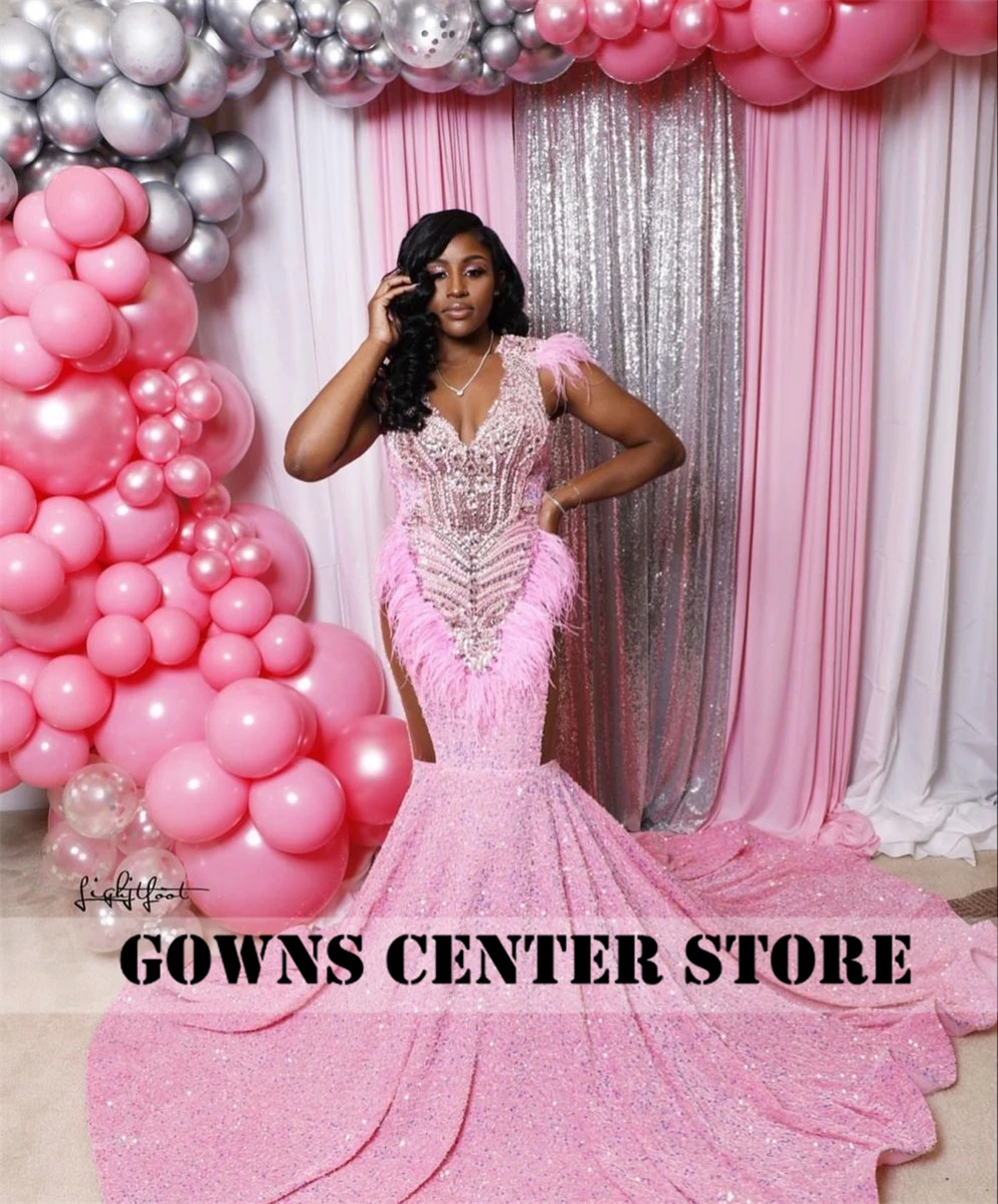 Fantástico rosa veludo lantejoulas pena vestido de baile de luxo 2024 preto menina sereia vestido elegante para festa de casamento personalizado