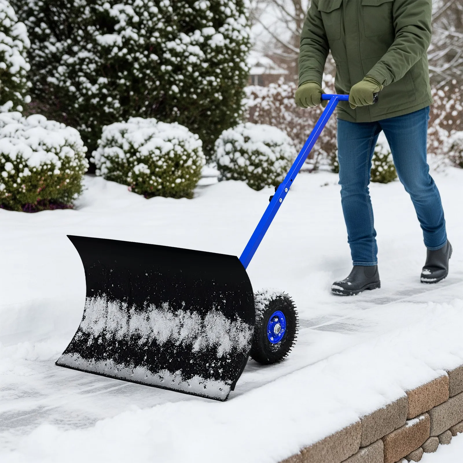 29 x 18in T-Handle Snow Plow with Inflatable Wheels Heavy Duty for Driveway US