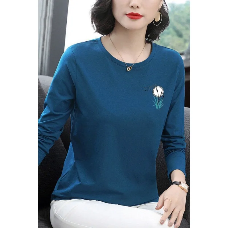 Women Round Neck Printed Long Sleeve T Shirt Spring Plus Size Loose Hide Belly Casual Basic Top