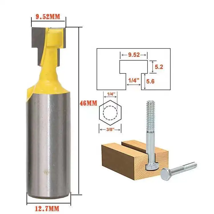 T-Slot Router Cutter Bit, Hex Bolt Woodworking Keyhole, 1/2" Shank 1/2" Cutting Dia, 1/2*3/8 Inch Pack of 2,Yellow