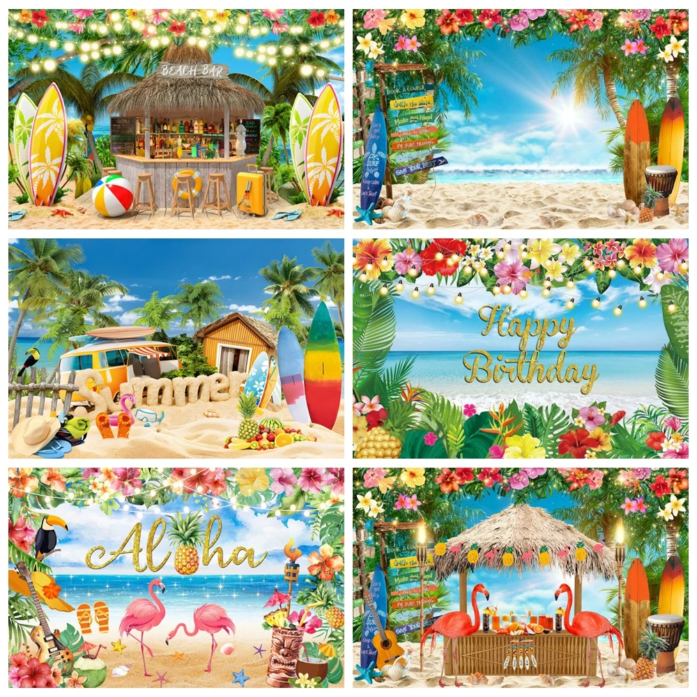 

Summer Hawaiian Tropical Beach Photography Backdrop Surfboard Aloha Luau Flamingo Theme Birthday Wedding Party Photo Background