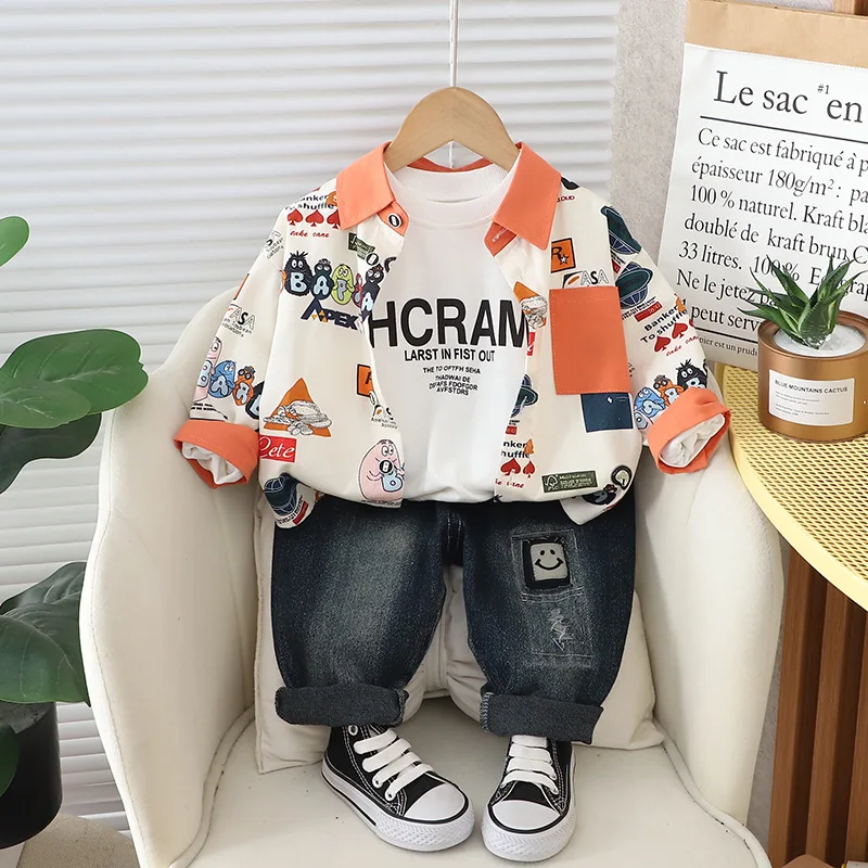 Baby Tracksuit Set 2024 Spring Korean Style Printed Turn-down Collar Shirts + White T-shirts + Jeans Children Clothes Boys Suit