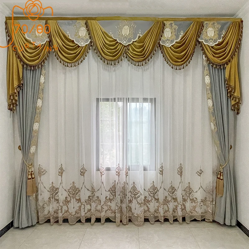 

New High-end Gray Embroidery Splicing Velvet Curtains for Living Room Bedroom French Window Window Screen Villa Customization