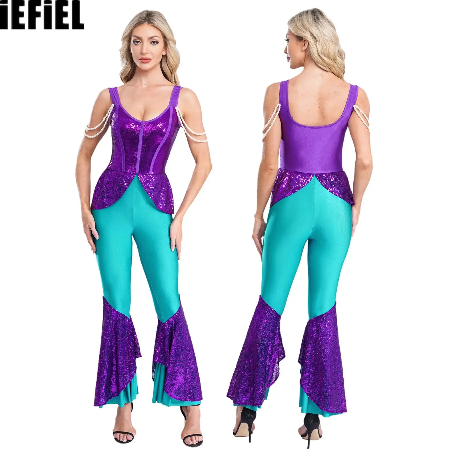 

Женский комбинезон русалки на Хэллоуин, расшитый блестками, сетчатый лоскутный комбинезон без рукавов с расклешенным низом для вечерние наряды на тему океана