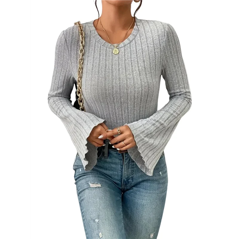 

Женские укороченные топы с рукавами-колокольчиками, нарядные повседневные рубашки в рубчик с круглым вырезом и отделкой салата