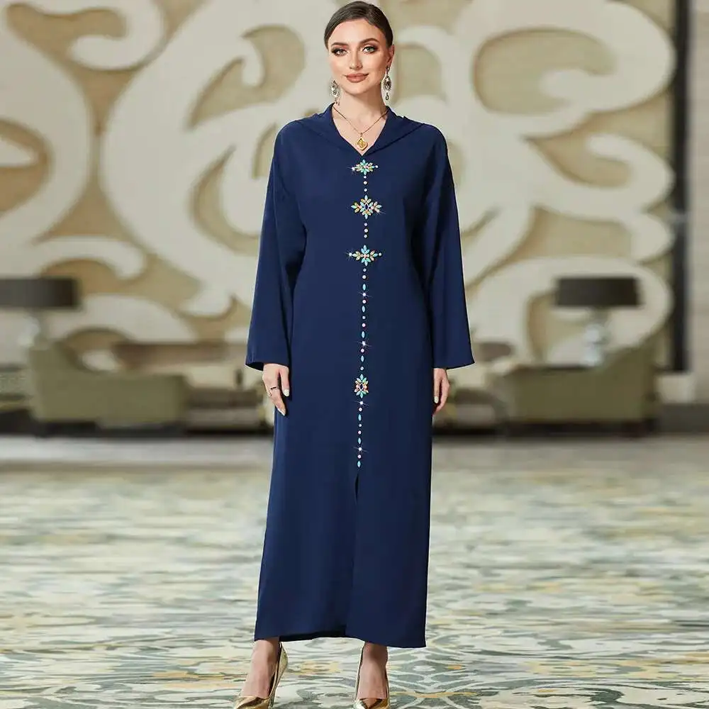 

New navy blue hooded hand sewn diamond ABAYA robe