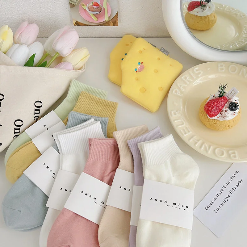 10 Pairs Women Pure Sports Socks Macaron Candy Colored Short Socks Soft Comfortable Breathable Sweat Absorbing Simple Fashion Al
