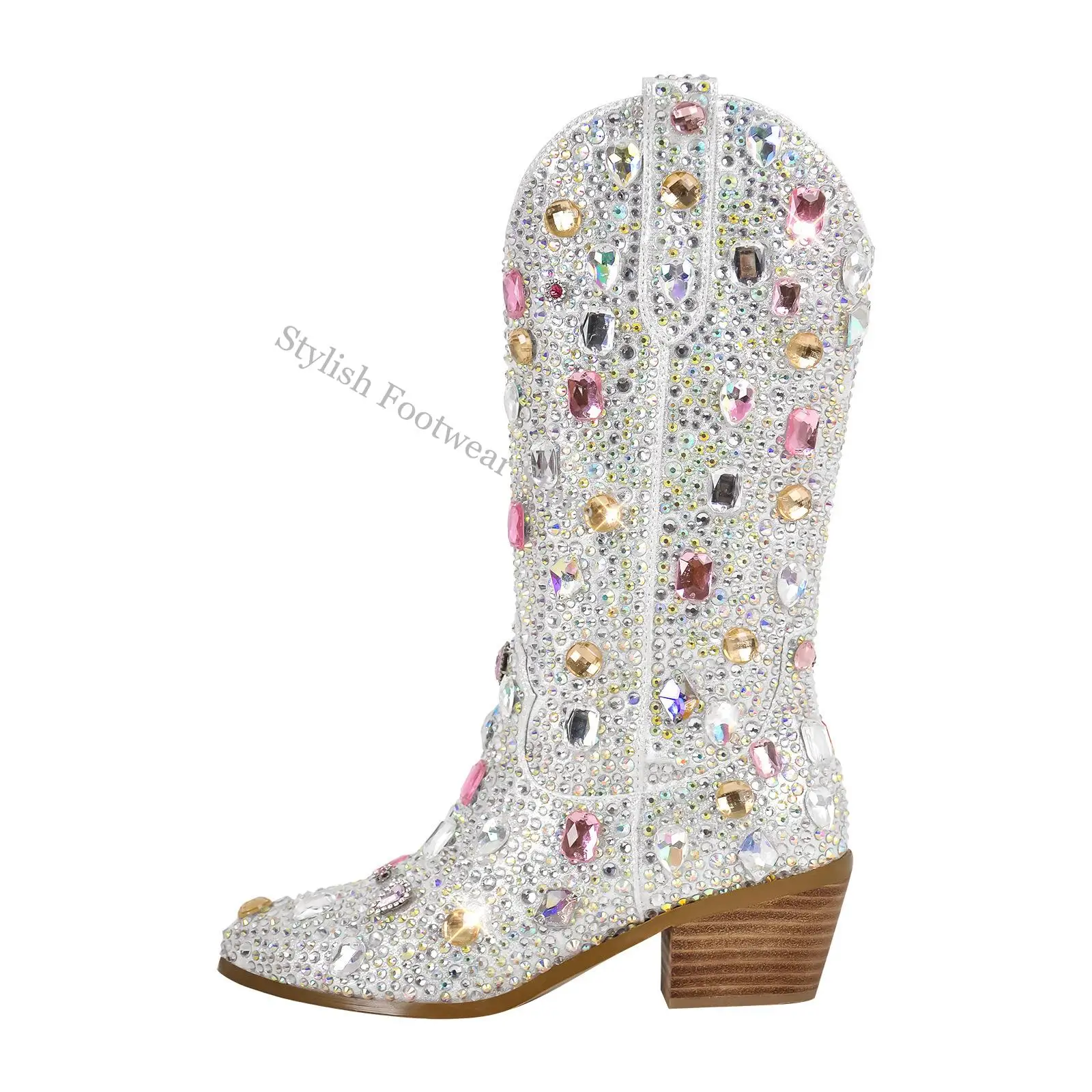 Western Style Full Multi Gem Rhinestone Mid Boots Black Blue Round Toe Women Starry Crystal Fashion Knight Booties