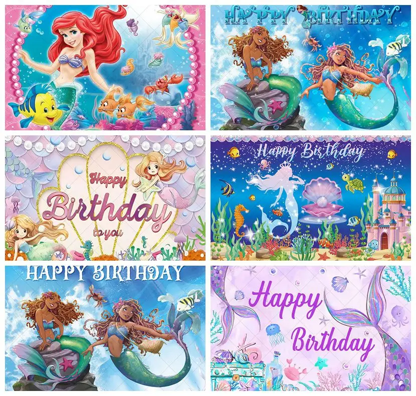 Disney Mermaid Backdrop Baby Girls Princess Birthday Party Seabed Shell Treasure Custom Photography   Backgrounds Studio