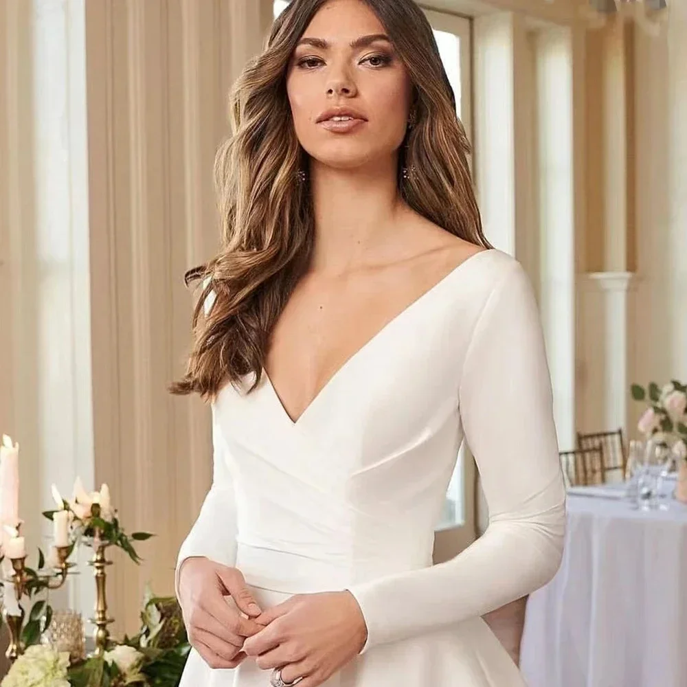 Customized V-Neck Long Sleeve A-Line Wedding Dresses 2025 Backless Satin Bridal Gowns For Women vestidos de novia