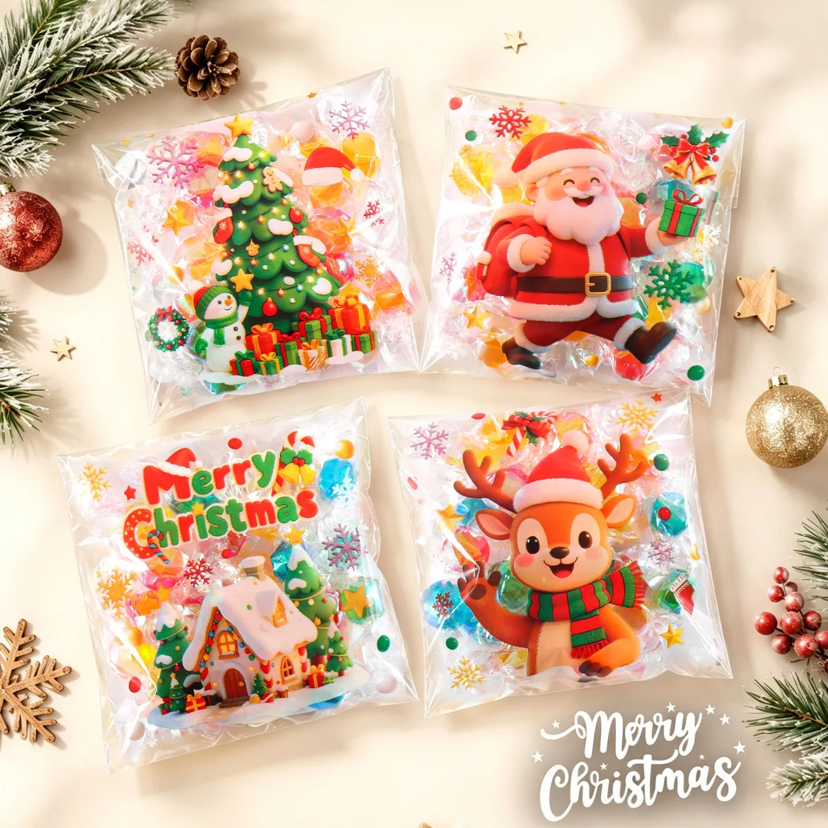 50/100pcs Merry Christmas Gift Bags Elk Santa Cellophane Self-Sealing Bags Christmas Decor for Home New Year Party Favor Bags