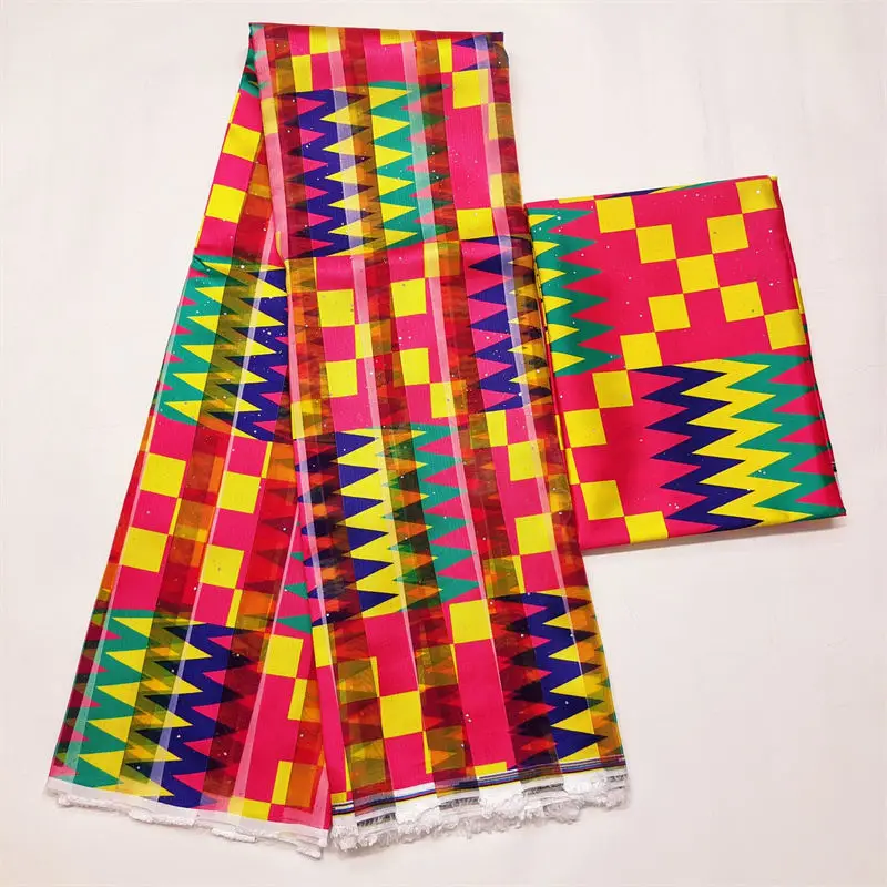 Golden african fabric Gold dust Hot sale Ghana Style satin silk fabric  with organza African wax design 3+3 yards ! L112286