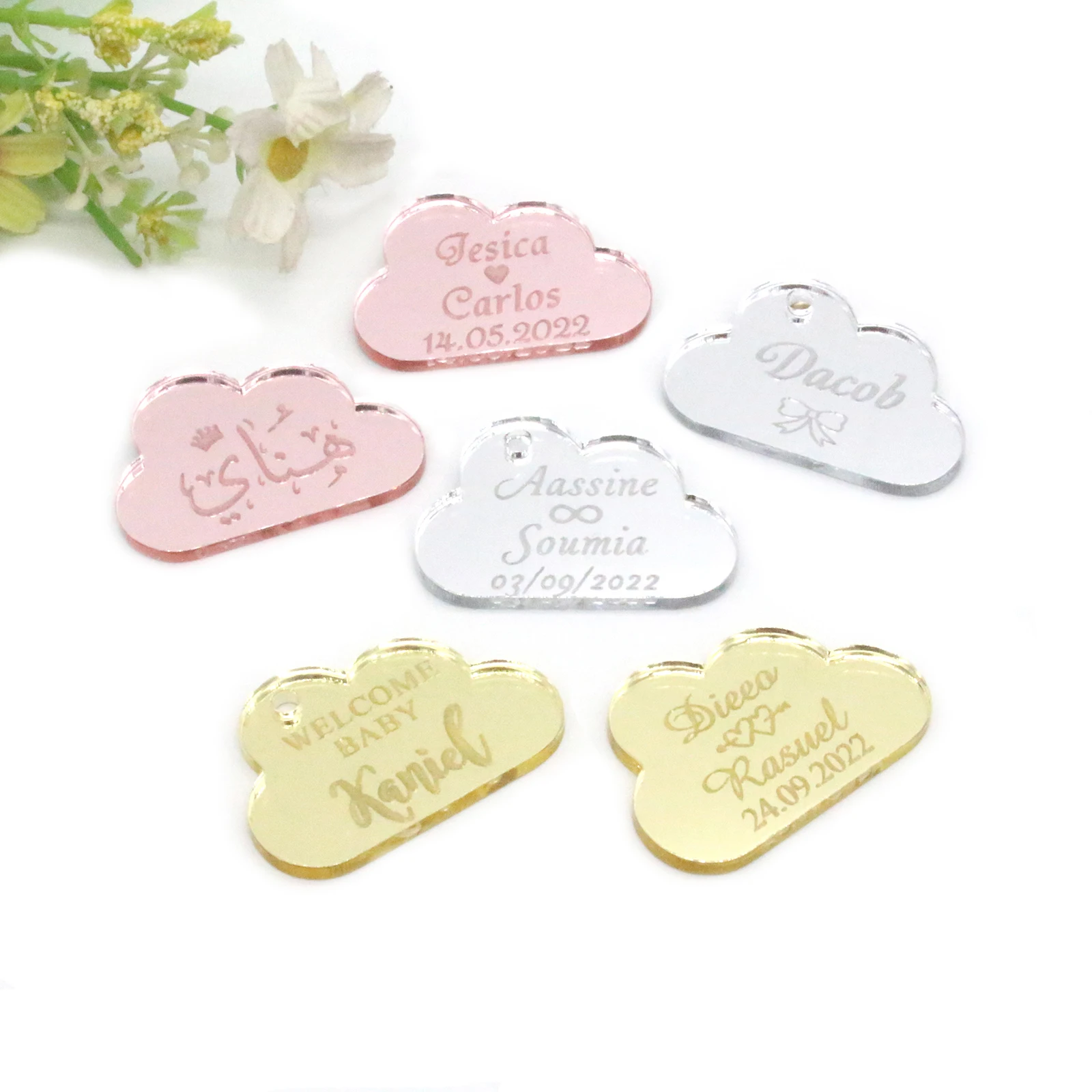 30/50/100pcs Personalized Engraved Name Cloud Shaped Tag Custom LOGO Label Decor Wedding Christening Baby Shower Party Tag Favor