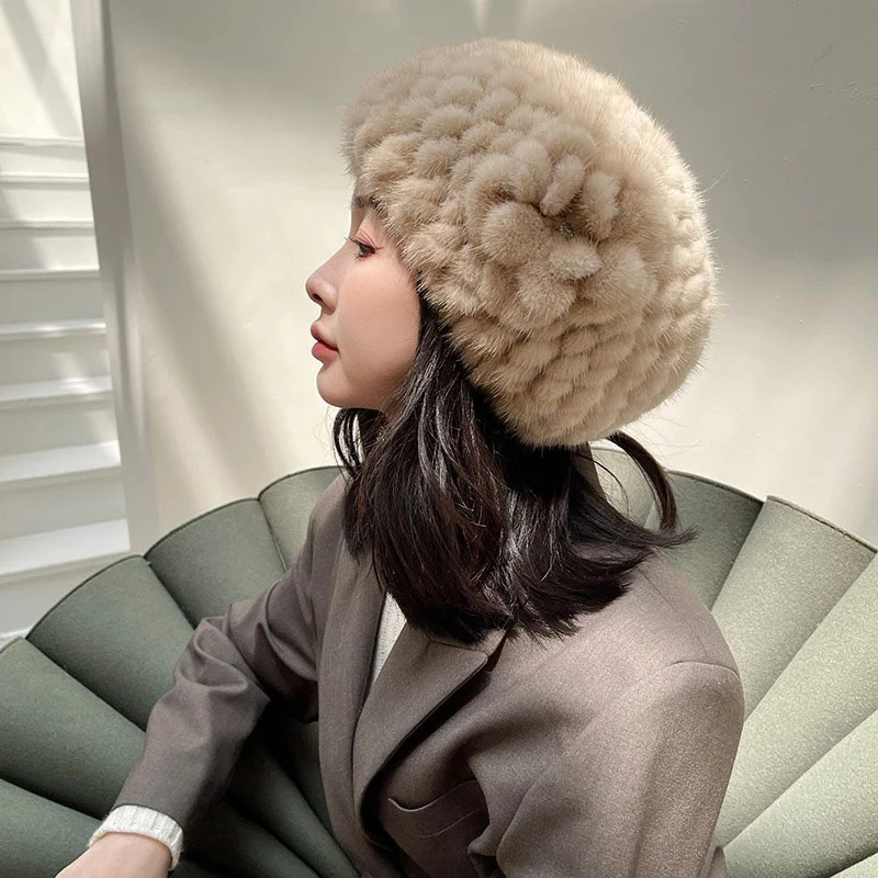 New Winter Warmth Mink Hair Hat Women's Style Thickened Mink Hair Weaving Flower Russian Fashion Big Elastic Beret 2023