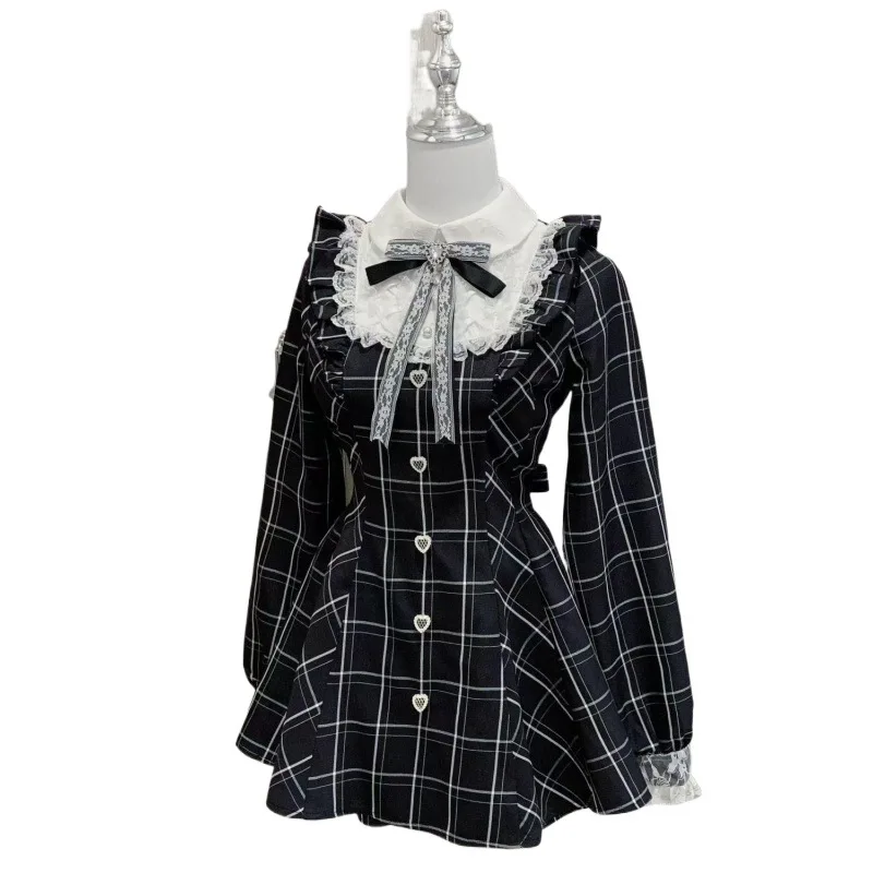 Japanese Sweet, Fresh and Improved College Style Bow with Ruffled Lace Fitted Waist and Slim Pleated Dress