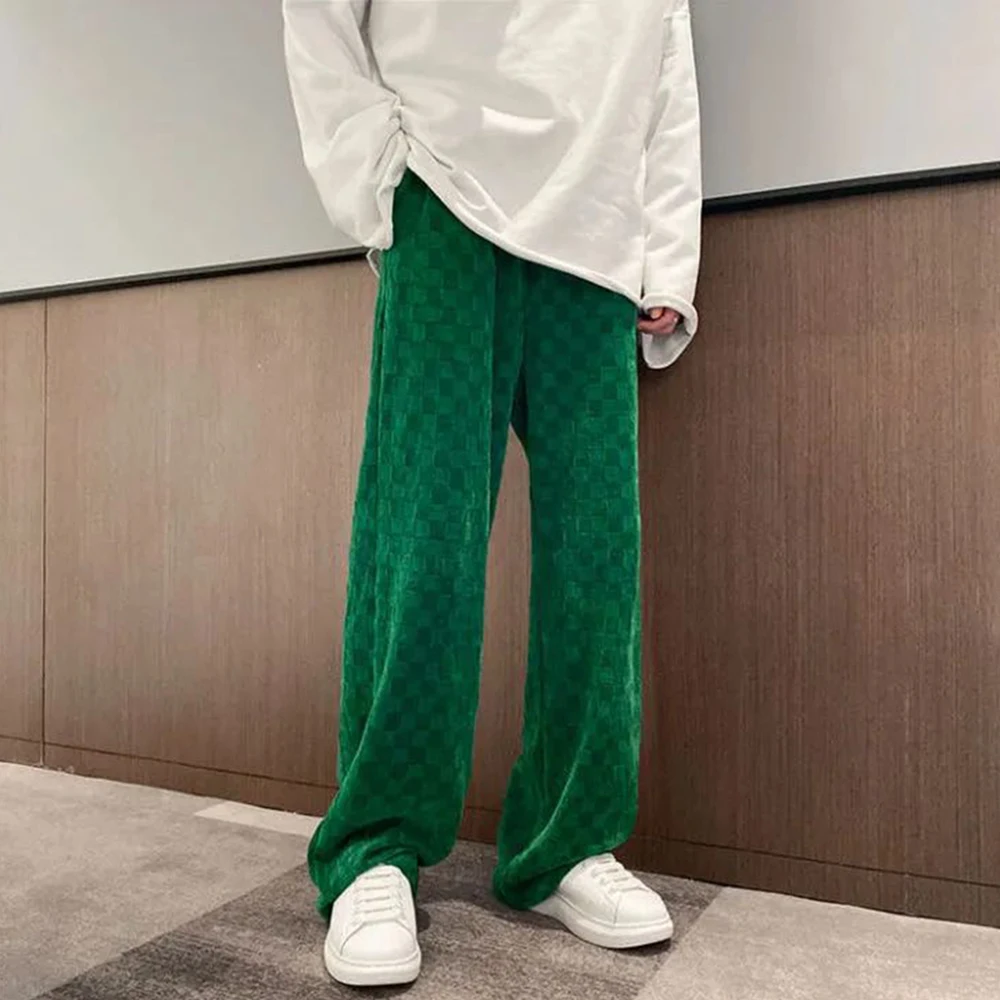 Mens Casual Street Straight Pants 2024 New Fashion Checkerboard Home Simple Comfortable Corduroy Floor-Length Trousers Unisex